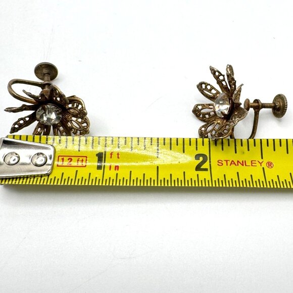 Gold-Tone Earrings Vintage Earrings Rhinestone Flower Screw-Back Mid-Century - Picture 2 of 7